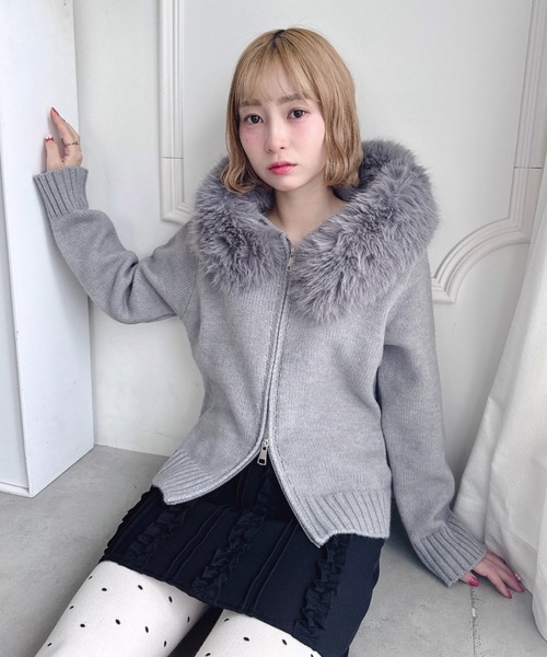 セール】ボリュームファーダブルジップニットフーディ（カーディガン