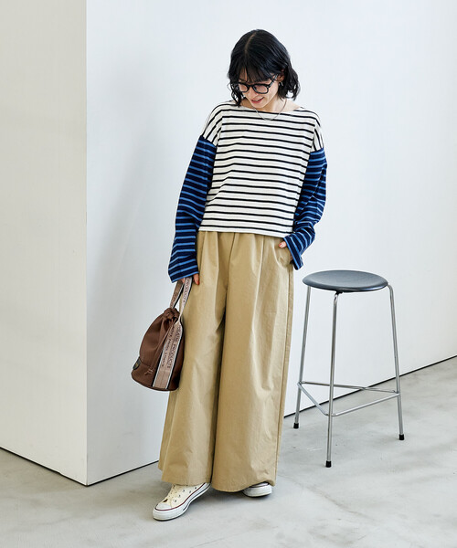 FREAK'S STORE（フリークスストア）の「パッチワーク ボーダートップス/配色切替 ボーダーロンT（Tシャツ/カットソー・レディース・ブラック/ブルー/キャメル・ﾌﾘ-）」の4枚目の写真
