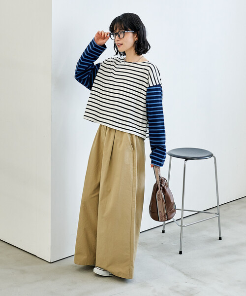 FREAK'S STORE（フリークスストア）の「パッチワーク ボーダートップス/配色切替 ボーダーロンT（Tシャツ/カットソー・レディース・ブラック/ブルー/キャメル・ﾌﾘ-）」の5枚目の写真