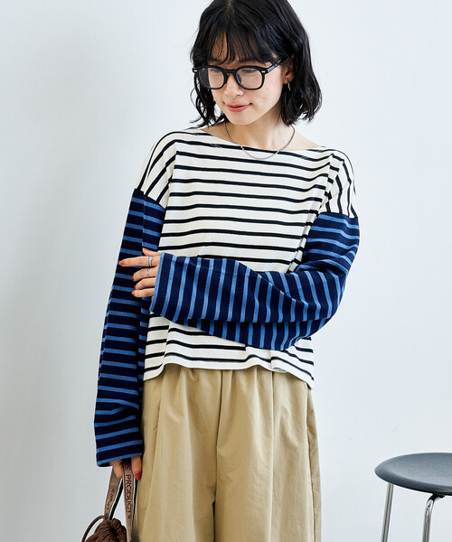 FREAK'S STORE（フリークスストア）の「パッチワーク ボーダートップス/配色切替 ボーダーロンT（Tシャツ/カットソー・レディース・ブラック/ブルー/キャメル・ﾌﾘ-）」の8枚目の写真