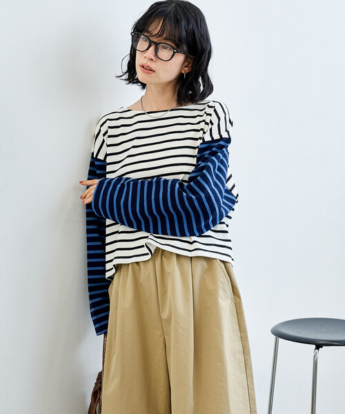 FREAK'S STORE（フリークスストア）の「パッチワーク ボーダートップス/配色切替 ボーダーロンT（Tシャツ/カットソー・レディース・ブラック/ブルー/キャメル・ﾌﾘ-）」の9枚目の写真