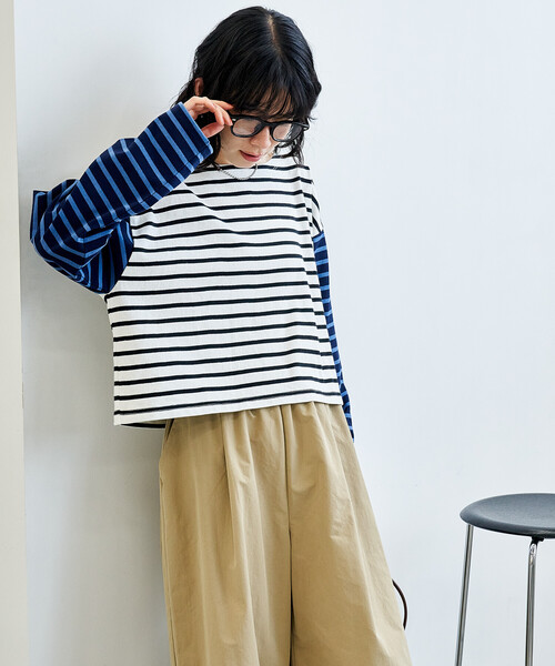 FREAK'S STORE（フリークスストア）の「パッチワーク ボーダートップス/配色切替 ボーダーロンT（Tシャツ/カットソー・レディース・ブラック/ブルー/キャメル・ﾌﾘ-）」の12枚目の写真