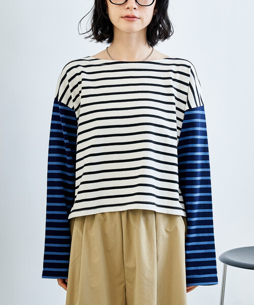 FREAK'S STORE（フリークスストア）の「パッチワーク ボーダートップス/配色切替 ボーダーロンT（Tシャツ/カットソー・レディース・ブラック/ブルー/キャメル・ﾌﾘ-）」の13枚目の写真