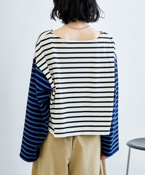 FREAK'S STORE（フリークスストア）の「パッチワーク ボーダートップス/配色切替 ボーダーロンT（Tシャツ/カットソー・レディース・ブラック/ブルー/キャメル・ﾌﾘ-）」の15枚目の写真