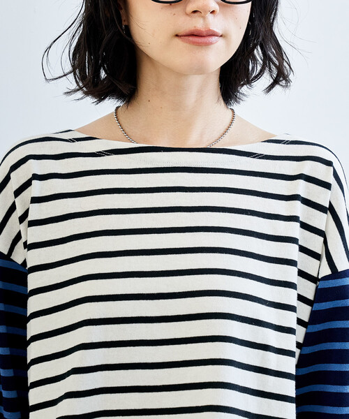 FREAK'S STORE（フリークスストア）の「パッチワーク ボーダートップス/配色切替 ボーダーロンT（Tシャツ/カットソー・レディース・ブラック/ブルー/キャメル・ﾌﾘ-）」の16枚目の写真