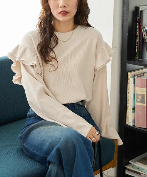 限定展開 ワッフル フリル 袖 ロング スリーブ プルオーバー（Tシャツ