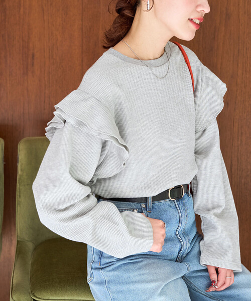 セール】限定展開 ワッフル フリル 袖 ロング スリーブ プルオーバー