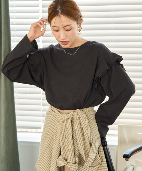 FREAK'S STORE(フリークスストア)の「限定展開 ワッフル フリル 袖 ロング スリーブ プルオーバー(Tシャツ/カットソー・レディース・ブラウン/オリーブ/ブラック/グレー/ナチュラル・フリ-)」の21枚目の写真