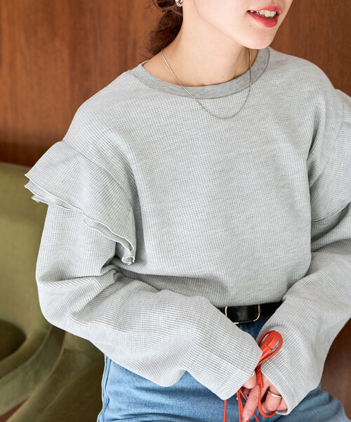 セール】限定展開 ワッフル フリル 袖 ロング スリーブ プルオーバー