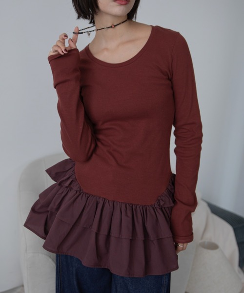 VACANCY(ヴァカンシー)の「フリルドッキングリブトップス(Tシャツ/カットソー・レディース・チャコールグレー/アイボリー/ボルドー・FREE)」の3枚目の写真