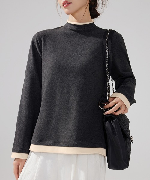 Miniministore(ミニミニストア)の「ハイネックトップス レイヤード風 長袖T(Tシャツ/カットソー・レディース・ブラック/チャコールグレー/ダークグリーン/ブラウン・FREE)」の2枚目の写真