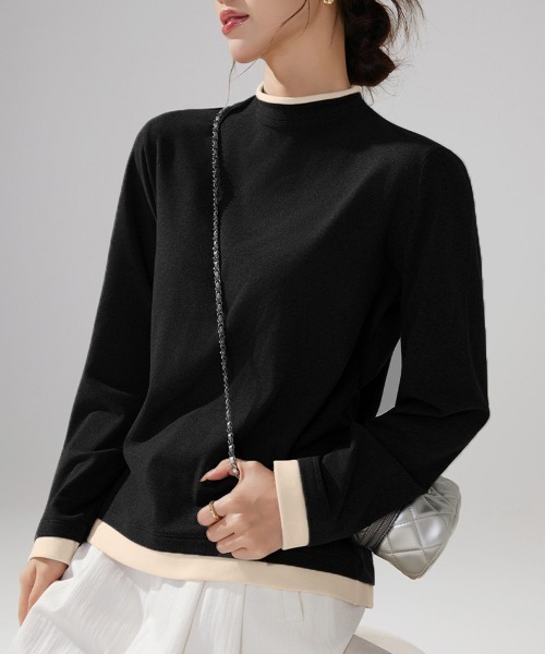 Miniministore(ミニミニストア)の「ハイネックトップス レイヤード風 長袖T(Tシャツ/カットソー・レディース・ブラック/チャコールグレー/ダークグリーン/ブラウン・FREE)」の1枚目の写真