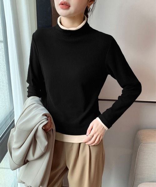 Miniministore(ミニミニストア)の「ハイネックトップス レイヤード風 長袖T(Tシャツ/カットソー・レディース・ブラック/チャコールグレー/ダークグリーン/ブラウン・FREE)」の6枚目の写真