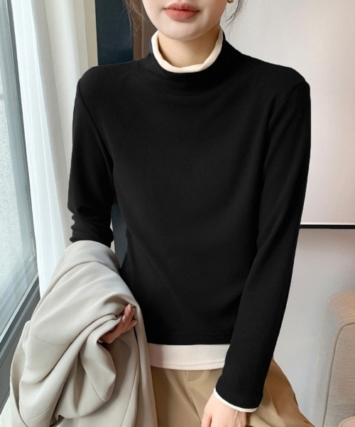 Miniministore(ミニミニストア)の「ハイネックトップス レイヤード風 長袖T(Tシャツ/カットソー・レディース・ブラック/チャコールグレー/ダークグリーン/ブラウン・FREE)」の7枚目の写真