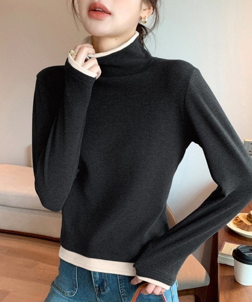 Miniministore(ミニミニストア)の「ハイネックトップス レイヤード風 長袖T(Tシャツ/カットソー・レディース・ブラック/チャコールグレー/ダークグリーン/ブラウン・FREE)」の14枚目の写真