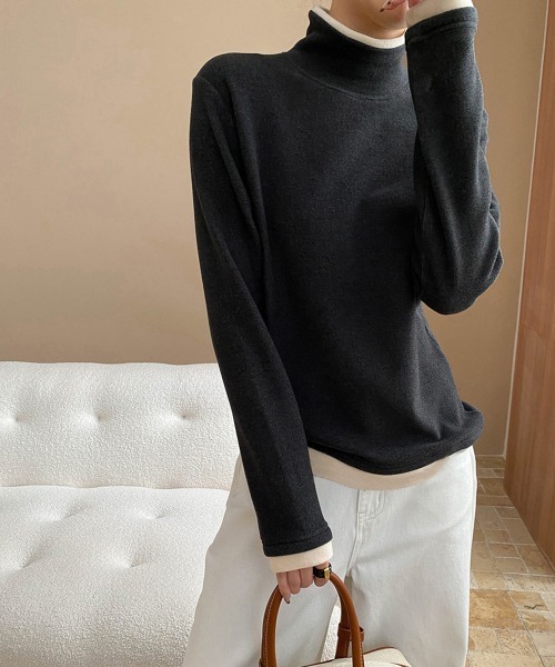 Miniministore(ミニミニストア)の「ハイネックトップス レイヤード風 長袖T(Tシャツ/カットソー・レディース・ブラック/チャコールグレー/ダークグリーン/ブラウン・FREE)」の19枚目の写真