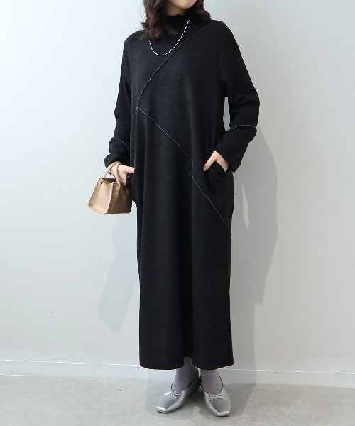 leswel(レスウェル)の「【L~5L 大きいサイズ】ダブルジャージー配色メローワンピース(ワンピース・レディース・ブラック/グレー・L/LL/3L/4L/5L)」の3枚目の写真