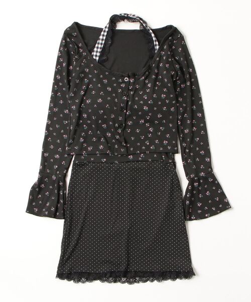 gossip!ロサンゼルス(ゴシップロサンゼルス)の「Y2K レトロ 小花柄 リブ 長袖 ニットカーディガン & チェック ワンピース 2点セット 【25秋冬新作】(ワンピース・レディース・チェック・FREE)」の4枚目の写真