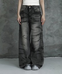 プリントウォッシュデニムワイドパンツ