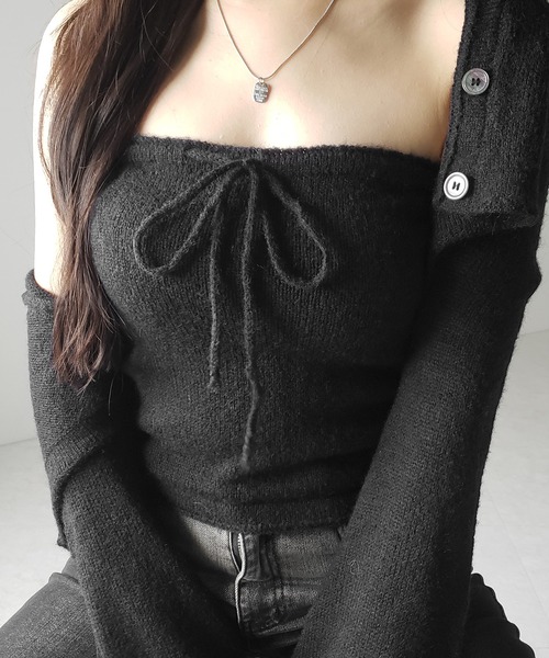 me+em select（ミームセレクト）の「【 ２点セット 】フロントリボンニットベアトップ ＋ 長袖ショートカーディガン SET ／ front ribbon knit bare top + long sleeve short cardigan set ※※（アンサンブル・レディース・ブラック/アイボリー・FREE）」の17枚目の写真