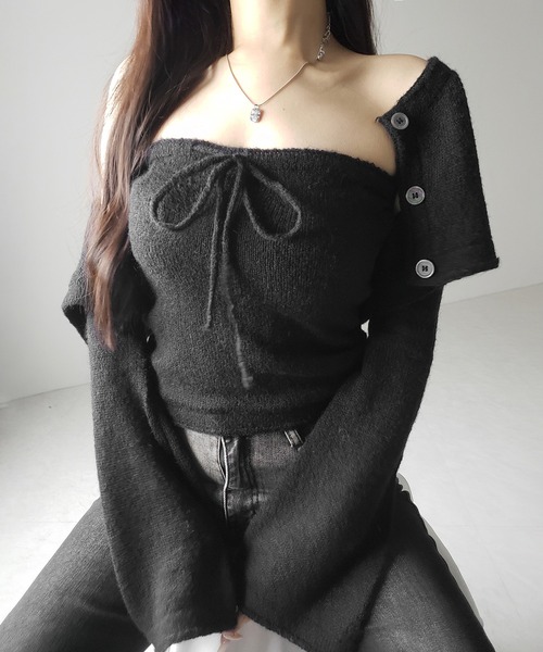 me+em select（ミームセレクト）の「【 ２点セット 】フロントリボンニットベアトップ ＋ 長袖ショートカーディガン SET ／ front ribbon knit bare top + long sleeve short cardigan set ※※（アンサンブル・レディース・ブラック/アイボリー・FREE）」の19枚目の写真