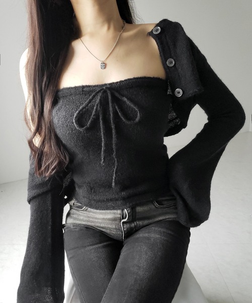 me+em select（ミームセレクト）の「【 ２点セット 】フロントリボンニットベアトップ ＋ 長袖ショートカーディガン SET ／ front ribbon knit bare top + long sleeve short cardigan set ※※（アンサンブル・レディース・ブラック/アイボリー・FREE）」の18枚目の写真