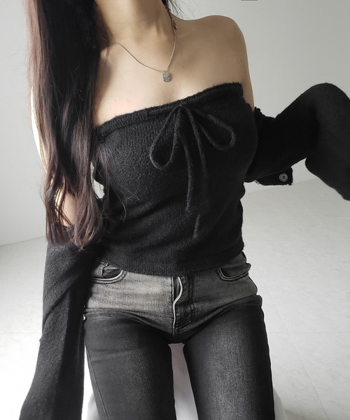 me+em select（ミームセレクト）の「【 ２点セット 】フロントリボンニットベアトップ ＋ 長袖ショートカーディガン SET ／ front ribbon knit bare top + long sleeve short cardigan set ※※（アンサンブル・レディース・ブラック/アイボリー・FREE）」の20枚目の写真