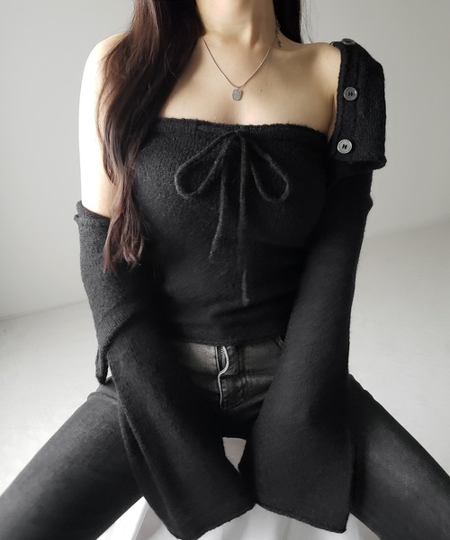me+em select（ミームセレクト）の「【 ２点セット 】フロントリボンニットベアトップ ＋ 長袖ショートカーディガン SET ／ front ribbon knit bare top + long sleeve short cardigan set ※※（アンサンブル・レディース・ブラック/アイボリー・FREE）」の21枚目の写真