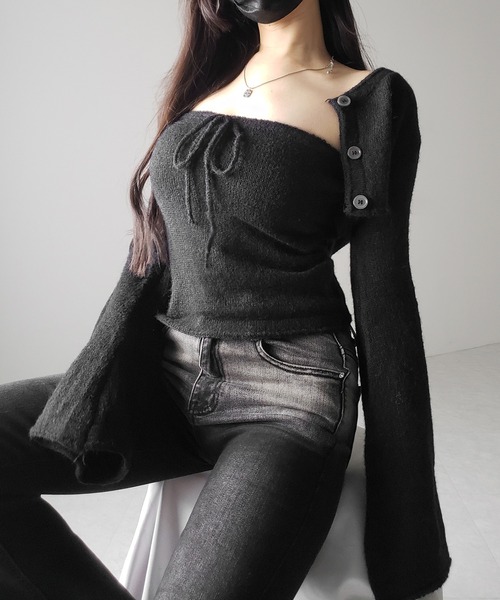 me+em select（ミームセレクト）の「【 ２点セット 】フロントリボンニットベアトップ ＋ 長袖ショートカーディガン SET ／ front ribbon knit bare top + long sleeve short cardigan set ※※（アンサンブル・レディース・ブラック/アイボリー・FREE）」の22枚目の写真