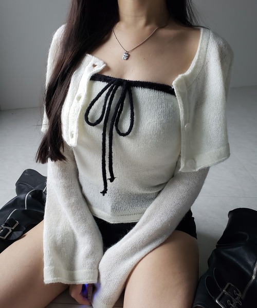 me+em select（ミームセレクト）の「【 ２点セット 】フロントリボンニットベアトップ ＋ 長袖ショートカーディガン SET ／ front ribbon knit bare top + long sleeve short cardigan set ※※（アンサンブル・レディース・ブラック/アイボリー・FREE）」の5枚目の写真