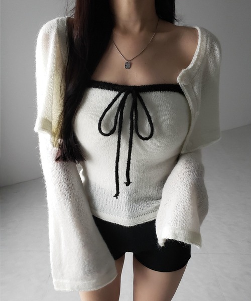 me+em select（ミームセレクト）の「【 ２点セット 】フロントリボンニットベアトップ ＋ 長袖ショートカーディガン SET ／ front ribbon knit bare top + long sleeve short cardigan set ※※（アンサンブル・レディース・ブラック/アイボリー・FREE）」の9枚目の写真