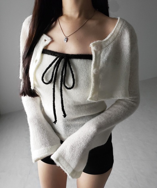 me+em select（ミームセレクト）の「【 ２点セット 】フロントリボンニットベアトップ ＋ 長袖ショートカーディガン SET ／ front ribbon knit bare top + long sleeve short cardigan set ※※（アンサンブル・レディース・ブラック/アイボリー・FREE）」の8枚目の写真