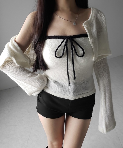 me+em select（ミームセレクト）の「【 ２点セット 】フロントリボンニットベアトップ ＋ 長袖ショートカーディガン SET ／ front ribbon knit bare top + long sleeve short cardigan set ※※（アンサンブル・レディース・ブラック/アイボリー・FREE）」の10枚目の写真