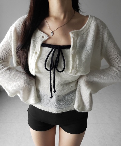 me+em select（ミームセレクト）の「【 ２点セット 】フロントリボンニットベアトップ ＋ 長袖ショートカーディガン SET ／ front ribbon knit bare top + long sleeve short cardigan set ※※（アンサンブル・レディース・ブラック/アイボリー・FREE）」の13枚目の写真