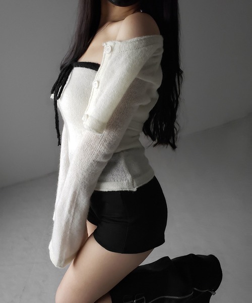 me+em select（ミームセレクト）の「【 ２点セット 】フロントリボンニットベアトップ ＋ 長袖ショートカーディガン SET ／ front ribbon knit bare top + long sleeve short cardigan set ※※（アンサンブル・レディース・ブラック/アイボリー・FREE）」の14枚目の写真