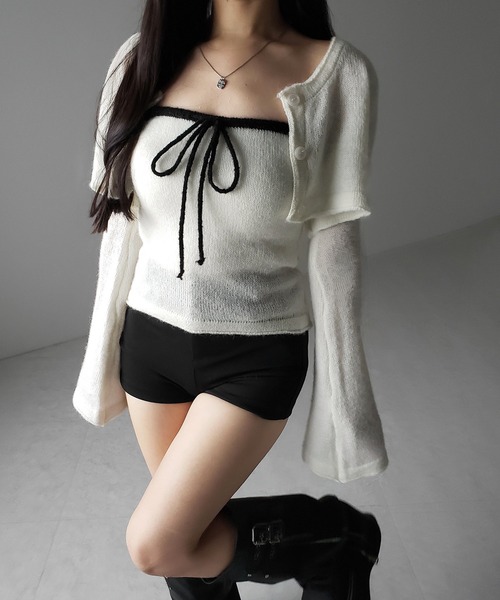 me+em select（ミームセレクト）の「【 ２点セット 】フロントリボンニットベアトップ ＋ 長袖ショートカーディガン SET ／ front ribbon knit bare top + long sleeve short cardigan set ※※（アンサンブル・レディース・ブラック/アイボリー・FREE）」の15枚目の写真