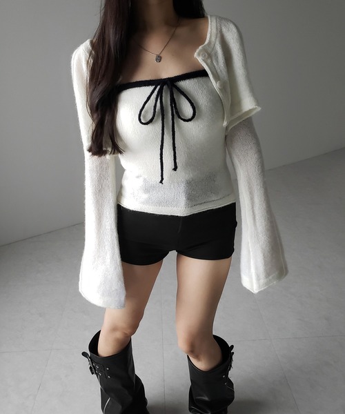 me+em select（ミームセレクト）の「【 ２点セット 】フロントリボンニットベアトップ ＋ 長袖ショートカーディガン SET ／ front ribbon knit bare top + long sleeve short cardigan set ※※（アンサンブル・レディース・ブラック/アイボリー・FREE）」の16枚目の写真