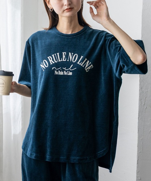 No Rule No Line(ノール-ルノーライン)の「【No Rule No Line】プリントベロアトップス(Tシャツ/カットソー・レディース・アイボリー/ネイビー/ベージュ系・FREE)」の3枚目の写真