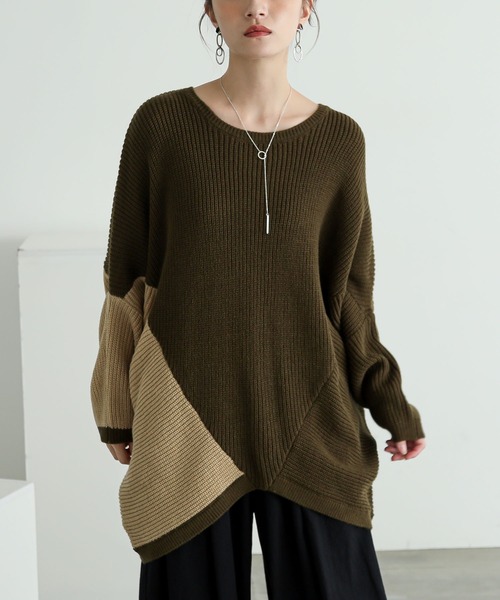 n'OrLABEL（ノアールレーベル）の「『変形ドルマン配色ニット』（ニット/セーター・レディース・カーキ・FREE）」の10枚目の写真