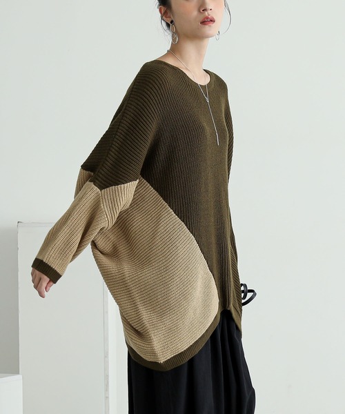 n'OrLABEL（ノアールレーベル）の「『変形ドルマン配色ニット』（ニット/セーター・レディース・カーキ・FREE）」の11枚目の写真