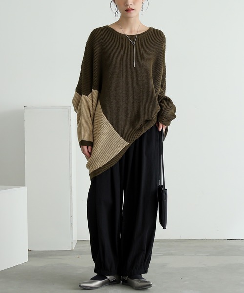 n'OrLABEL（ノアールレーベル）の「『変形ドルマン配色ニット』（ニット/セーター・レディース・カーキ・FREE）」の12枚目の写真