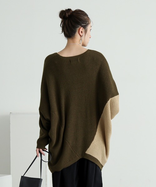n'OrLABEL（ノアールレーベル）の「『変形ドルマン配色ニット』（ニット/セーター・レディース・カーキ・FREE）」の14枚目の写真