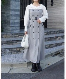 Chouchour（シュシュール）の「【Chouchour/シュシュール】ドッキングベアワンピース/トレンチ風 長袖 襟付き シャツ シースルー ダブルボタン ベルト付き Aライン（サロペット/オーバーオール）」