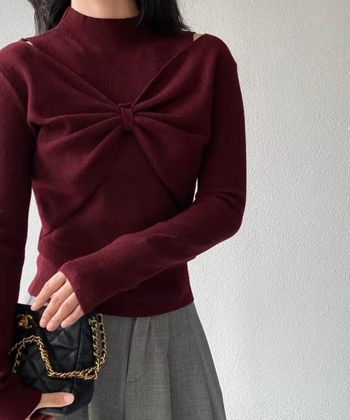 STAY MOTION（ステイモーション）の「【WEB限定】フロントリボンハイネックニットトップス［韓国ファッション ガーリー］（ニット/セーター・レディース・チャコールグレー/アイボリー/ブラック/ブラウン/ボルドー・F）」の5枚目の写真