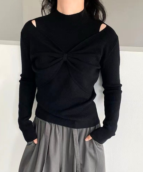 STAY MOTION（ステイモーション）の「【WEB限定】フロントリボンハイネックニットトップス［韓国ファッション ガーリー］（ニット/セーター・レディース・チャコールグレー/アイボリー/ブラック/ブラウン/ボルドー・F）」の3枚目の写真