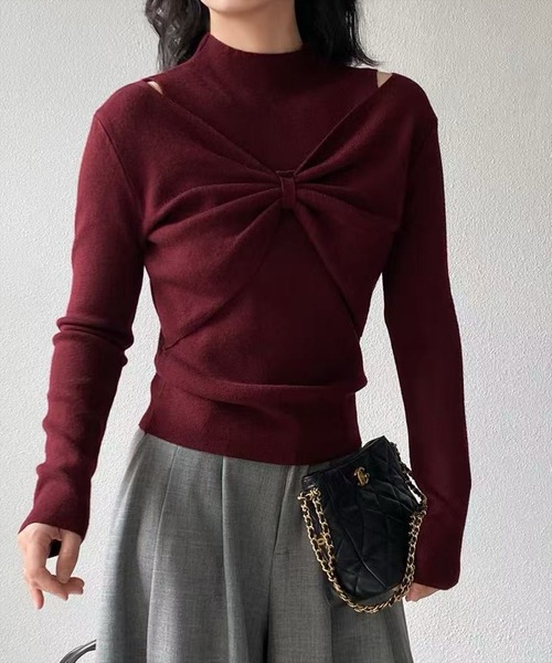 STAY MOTION（ステイモーション）の「【WEB限定】フロントリボンハイネックニットトップス［韓国ファッション ガーリー］（ニット/セーター・レディース・チャコールグレー/アイボリー/ブラック/ブラウン/ボルドー・F）」の16枚目の写真