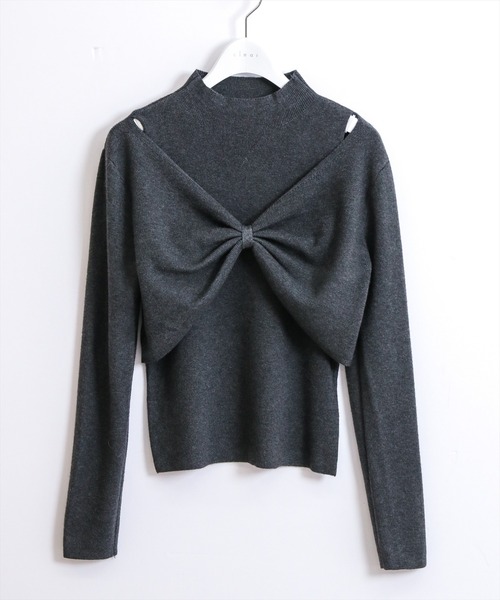 STAY MOTION（ステイモーション）の「【WEB限定】フロントリボンハイネックニットトップス［韓国ファッション ガーリー］（ニット/セーター・レディース・チャコールグレー/アイボリー/ブラック/ブラウン/ボルドー・F）」の8枚目の写真