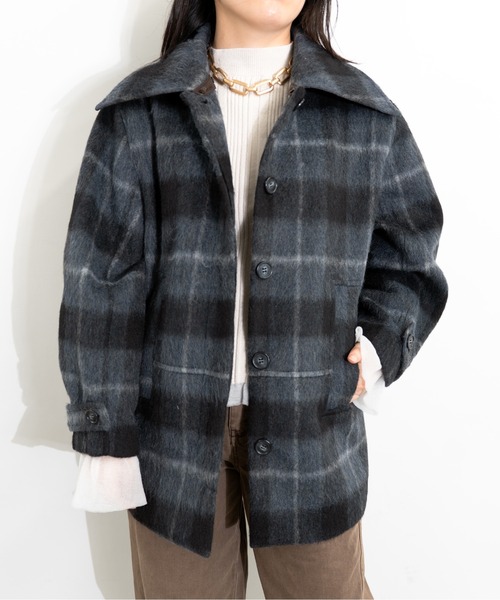 MIDVEIN(ミッドヴェイン)の「Multi way shaggy check coat(ステンカラーコート・レディース・ブルー/ブラック・FREE)」の1枚目の写真