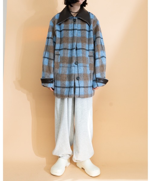 MIDVEIN(ミッドヴェイン)の「Multi way shaggy check coat(ステンカラーコート・レディース・ブルー/ブラック・FREE)」の10枚目の写真