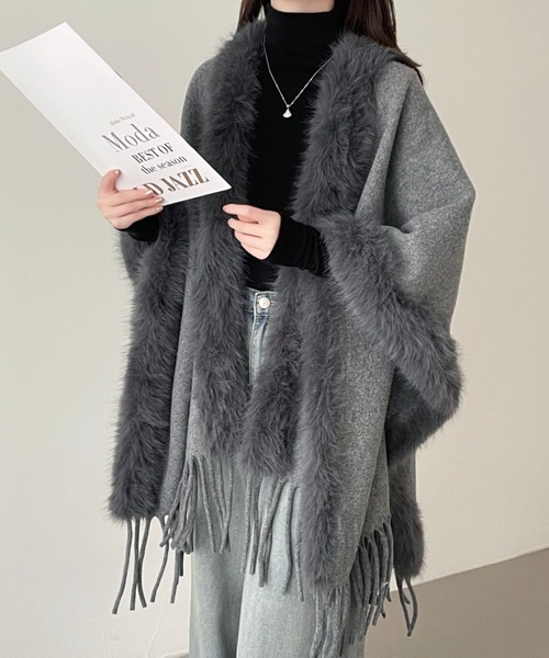 ABITOKYO（アビトーキョー）の「フリンジファードッキングメルトンポンチョ（ポンチョ・レディース・モカ/ベージュ/ブラック/チャコールグレー・FREE）」の3枚目の写真